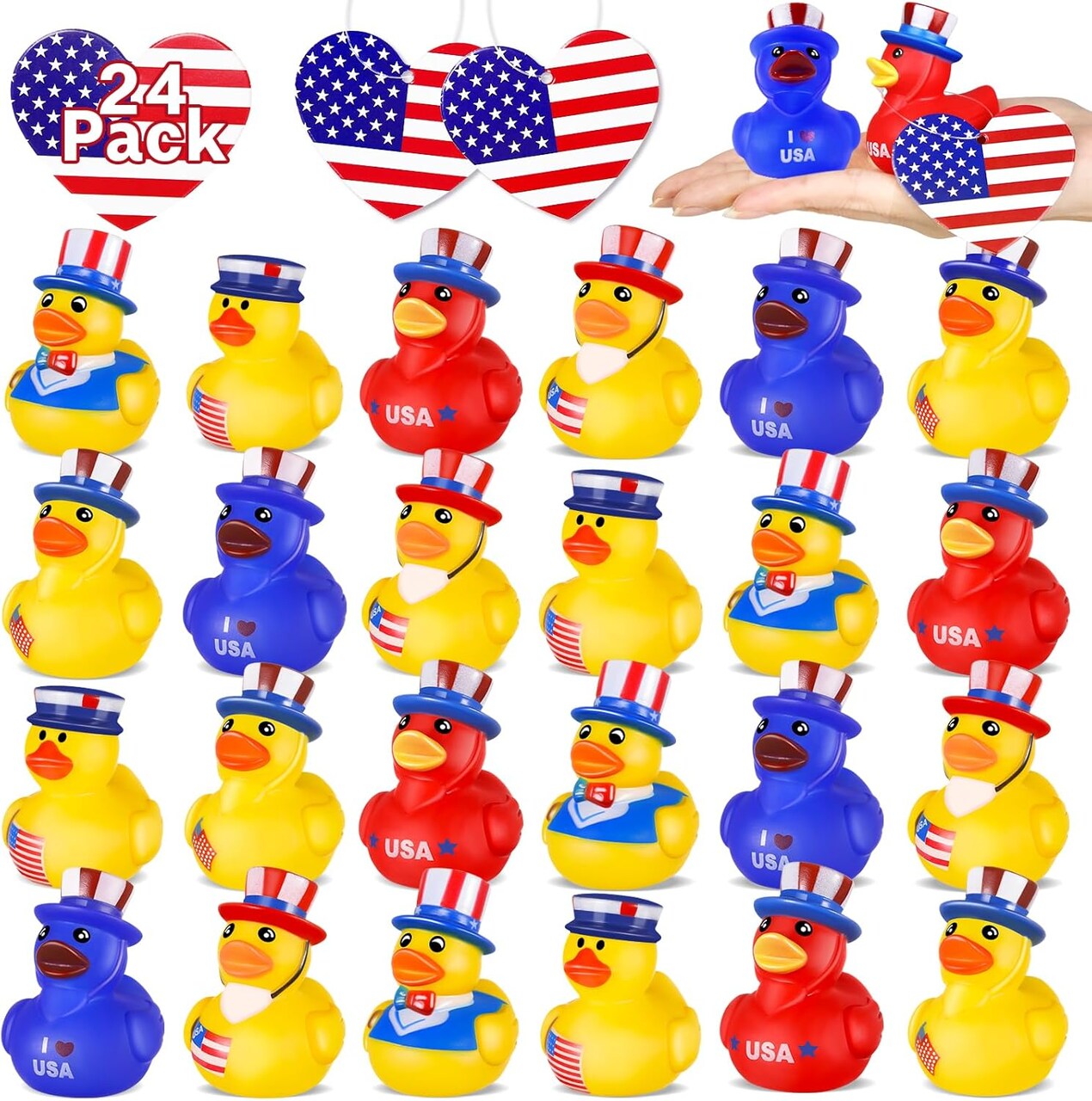 24 Pcs Patriotic Rubber Ducks, 4th of July Jeep Ducks for Ducking, Fourth of July Party Favors